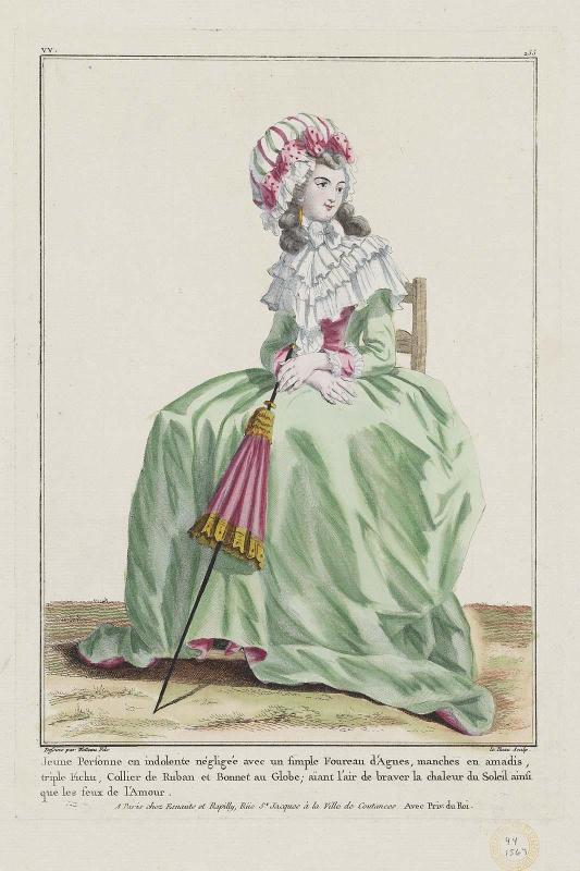 Gallerie des Modes et Costumes Français. 39e Cahier (bis) des Costumes Français, 35e Suite d'Habillemens à la mode en 1784.  vv.255 "Jeune Personne en indolente négligée..."