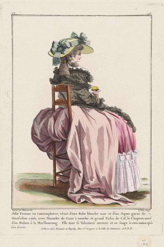 Gallerie des Modes et Costumes Français. 39e Cahier (bis) des Costumes Français, 35e Suite d'Habillemens à la mode en 1784.  vv.256 "Jolie Femme en contemplative..."