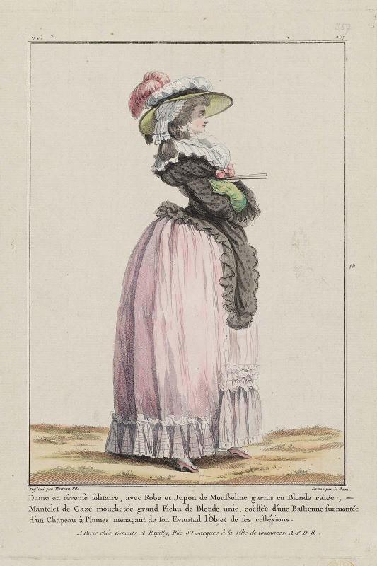 Gallerie des Modes et Costumes Français. 39e Cahier (bis) des Costumes Français, 35e Suite d'Habillemens à la mode en 1784.  vv.257 "Dame en rêveuse solitaire..." (duplicate)