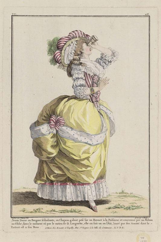 Gallerie des Modes et Costumes Français. 39e Cahier (bis) des Costumes Français, 35e Suite d'Habillemens à la mode en 1784.  vv.258 "Jeune Dame en Bergere séduisante..."