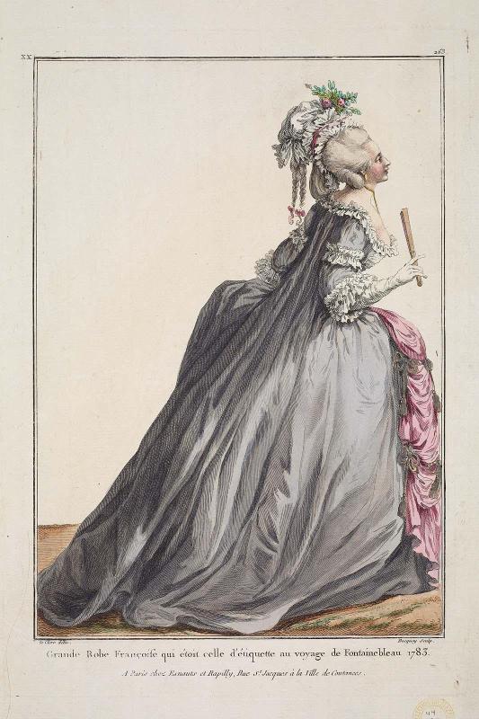 Gallerie des Modes et Costumes Français. 41e Cahier (bis) des Costumes Français, 36e suittes d'Habillemens à la mode en 1784. Pour servir de supplément au 6e Cahier des Coeffures.  xx.263 "Grande Robe Françoise..."