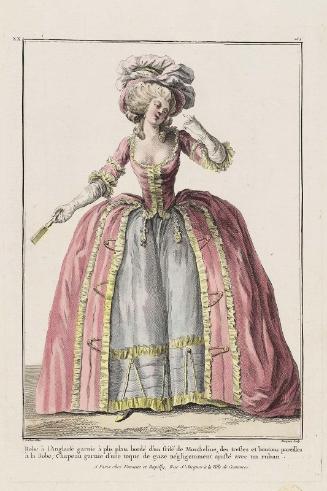 Gallerie des Modes et Costumes Français. 41e Cahier (bis) des Costumes Français, 36e suittes d'Habillemens à la mode en 1784. Pour servir de supplément au 6e Cahier des Coeffures.  xx.264 "Robe à l'Anglaise..."