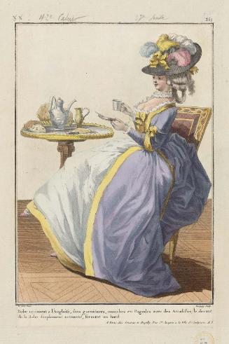 Gallerie des Modes et Costumes Français. 41e Cahier (bis) des Costumes Français, 36e Suite d'Habillemens à la mode en 1784. Pour servir de supplément au 6e Cahier des Coeffures.  xx.265 "Robe vraiment a l'Anglaise..."