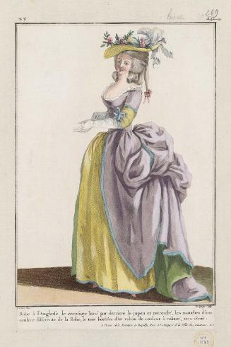 Gallerie des Modes et Costumes Français. 42e Cahier (bis) des Costumes Français, 37e Suite d'Habillemens à la mode.  yy.269 "Robe à l'Anglaise le corpsage lacé..."