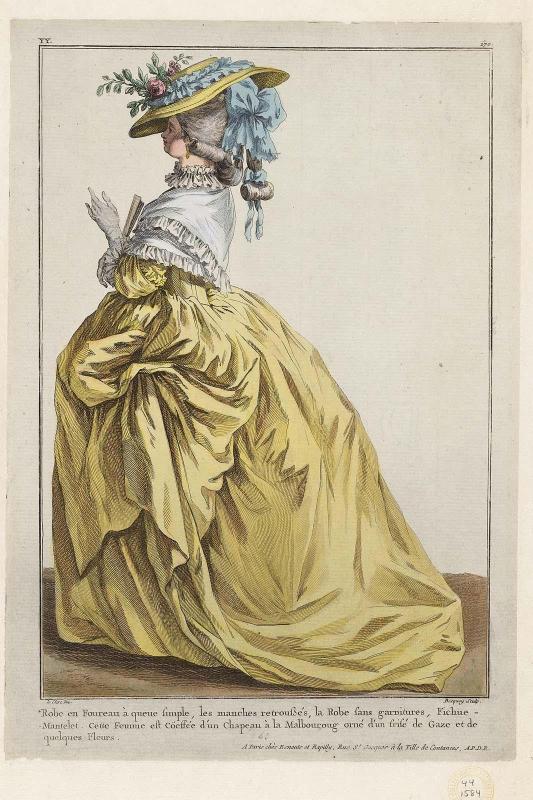Gallerie des Modes et Costumes Français. 42e Cahier (bis) des Costumes Français, 37e Suite d'Habillemens à la mode.  yy.270 "Robe en Fourcau à queue simple..."