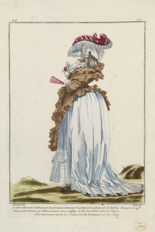 Gallerie des Modes et Costumes Français. 43e Cahier de Costumes Français, 38e Suite d'Habillemens à la mode en 1784.  zz.272 "La jeune insouciante..."