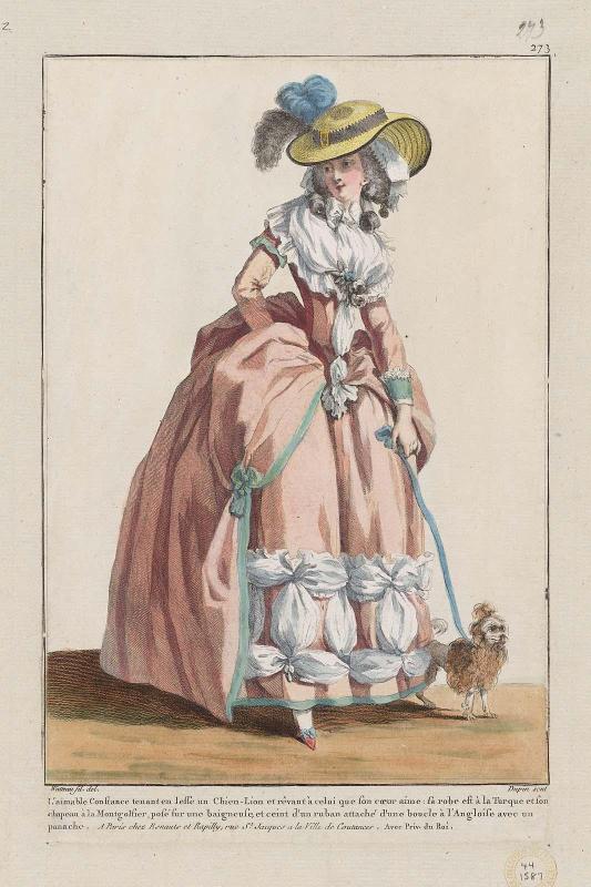 Gallerie des Modes et Costumes Français. 43e Cahier de Costumes Français, 38e Suite d'Habillemens à la mode en 1784.  zz.273 "L'aimable Constance..."
