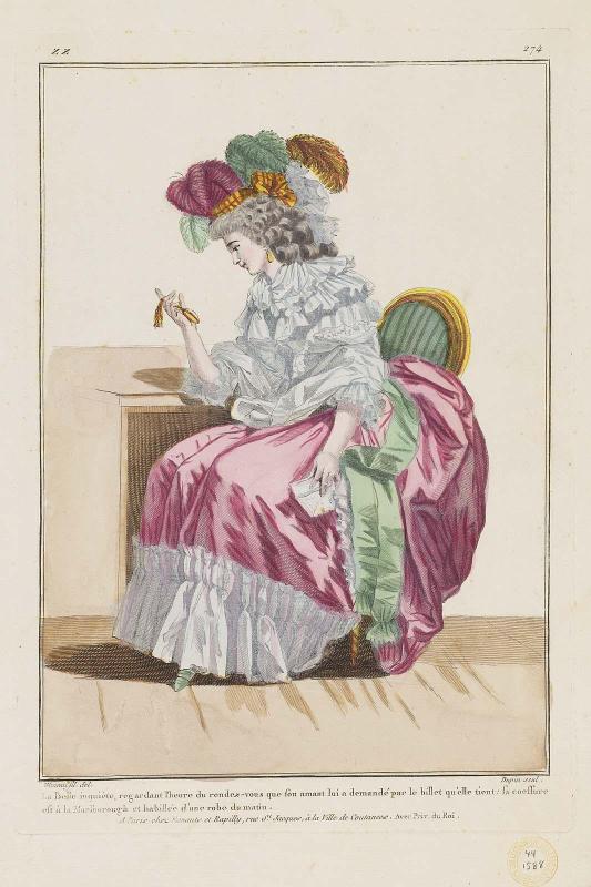 Gallerie des Modes et Costumes Français. 43e Cahier de Costumes Français, 38e Suite d'Habillemens à la mode en 1784.  zz.274 "La Belle inquiète..."