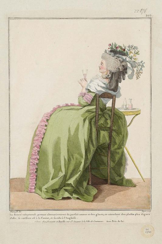 Gallerie des Modes et Costumes Français. 43e Cahier de Costumes Français, 38e Suite d'Habillemens à la mode en 1784.  zz.276 "La Beauté voluptuese..."
