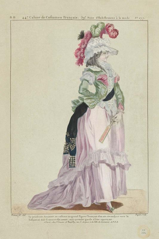 Gallerie des Modes et Costumes Français. 44e Cahier de Costumes Français, 39e Suite d'Habillemens à la mode.  &&.277 "La prudente Amazone en costume au grand Figaro..."