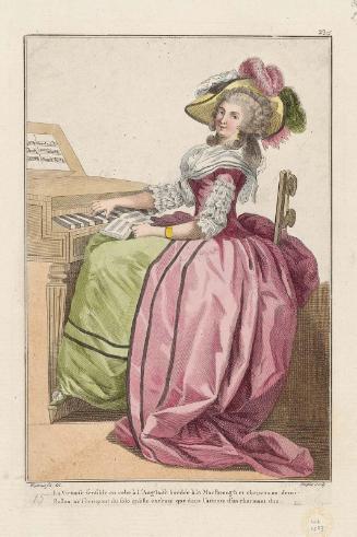 Gallerie des Modes et Costumes Français. 44e Cahier de Costumes Français, 39e Suite d'Habillemens à la mode.  &&.280 "La Virtuose sensible en robe à l'Anglaise..."