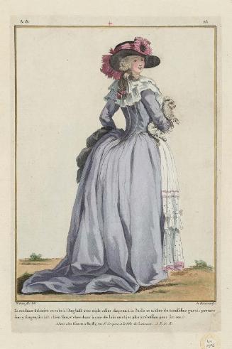 Gallerie des Modes et Costumes Français. 44e Cahier de Costumes Français, 39e Suite d'Habillemens à la mode.  &&.281 "La constante Solitaire en robe à l'Anglaise..."