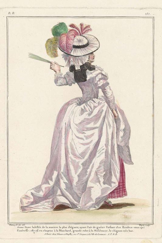 Gallerie des Modes et Costumes Français. 44e Cahier de Costumes Français, 39e Suite d'Habillemens à la mode.  &&.282 "Jeune Dame habillée de la maniere la plus étégante..."