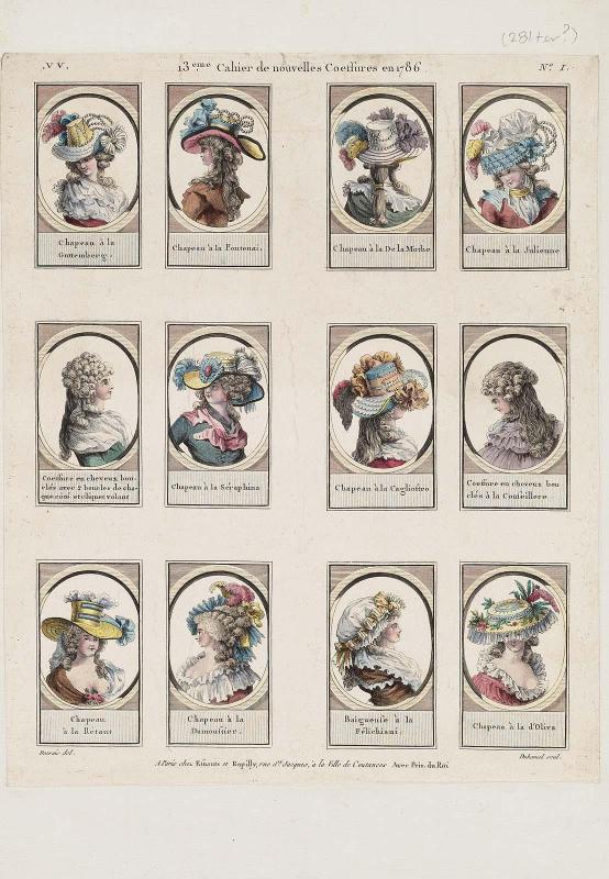 Gallerie des Modes et Costumes Français. 13eme Cahier de nouvelles Coeffures en 1786. 1 vv.(281ter?), "Chapeau à la Guttemberg..."