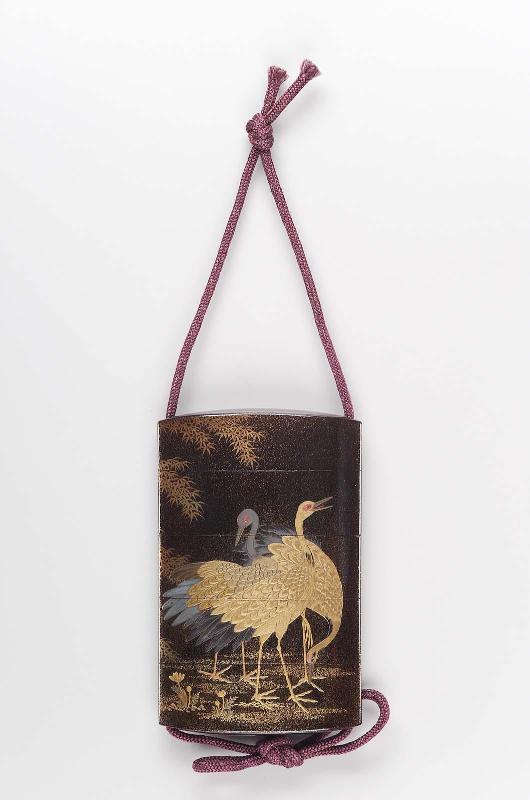Four-case inro with crane and bamboo design
