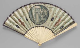 Fan with engraved and painted light blue vellum leaf
