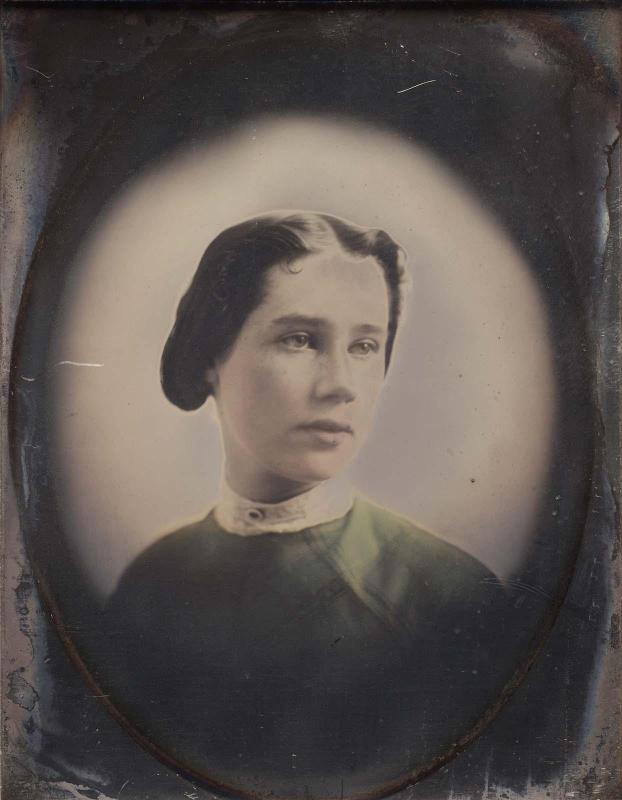 Young Woman in Green Dress and High White Collar, in Oval Vignette