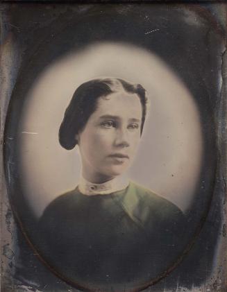 Young Woman in Green Dress and High White Collar, in Oval Vignette