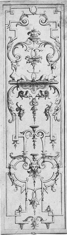 Vertical Ornament Panel with Strapwork, Grotesque Heads, and Sphinxes