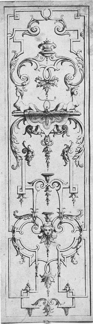 Vertical Ornament Panel with Strapwork, Grotesque Heads, and Sphinxes