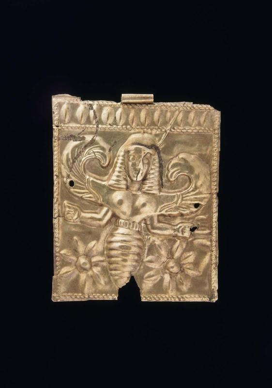 Repoussé plaque with a woman-bee hybrid