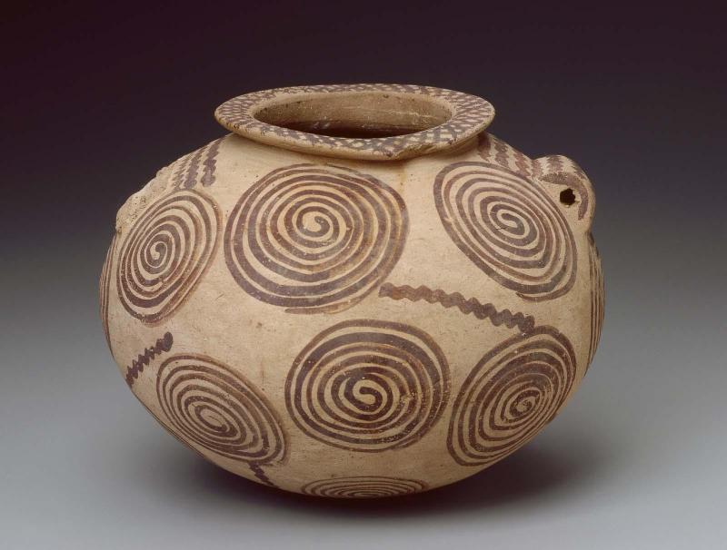 Ovoid squat jar with lug handles and painted spirals