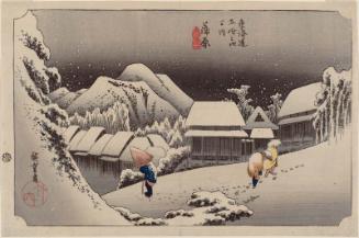 Kanbara: Night Snow (Kanbara, yoru no yuki), second state, from the series Fifty-three Stations of the Tôkaidô Road (Tôkaidô gojûsan tsugi no uchi), also known as the First Tôkaidô or Great Tôkaidô