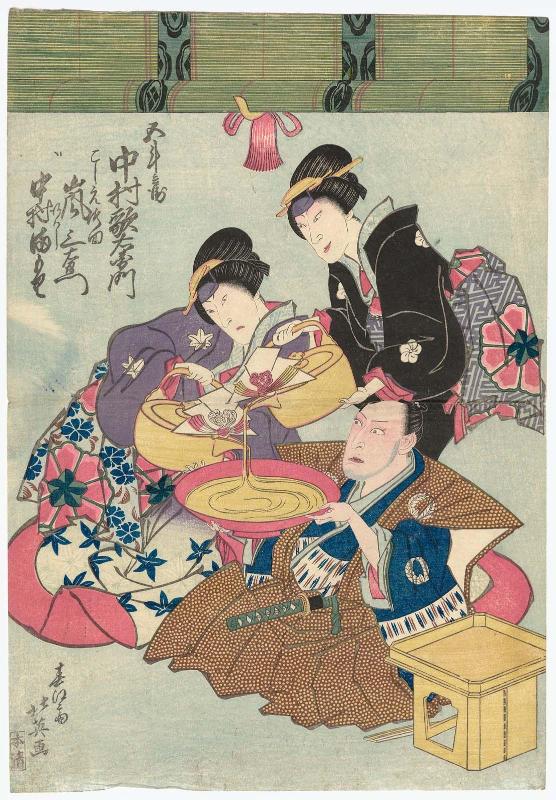 Actors Nakamura Utaemon III as Gotobei, Arashi San'emon IX as Koshimoto Takeda, and Nakamura Mamori as Koshimoto Akashi