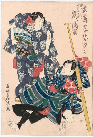 Actor Arashi Rikan II as both Higuchi no Jirô and Iwagawa Jirokichi at the Miyajima Theater