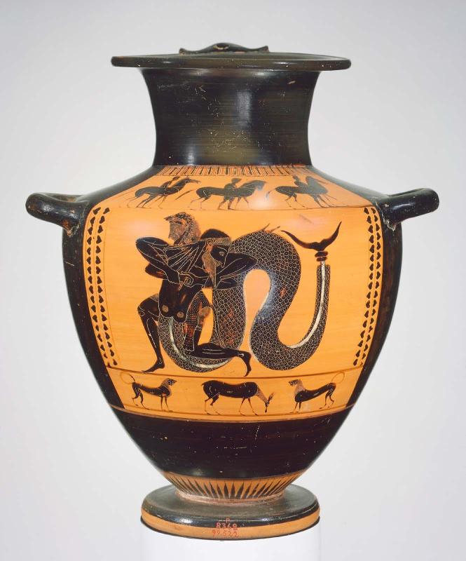 Water jar (hydria) depicting Herakles and Triton