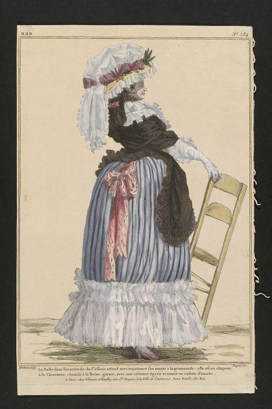 Gallerie des Modes et Costumes Français. 45e Cahier de Costumes Français, 40e Suite d'Habillemens à la mode en 1785.  aaa.284 "La Belle dans l'incertitude de l'asseoir..."