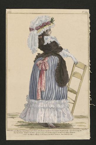 Gallerie des Modes et Costumes Français. 45e Cahier de Costumes Français, 40e Suite d'Habillemens à la mode en 1785.  aaa.284 "La Belle dans l'incertitude de l'asseoir..."