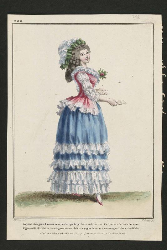 Gallerie des Modes et Costumes Français. 45e Cahier de Costumes Français, 40e Suite d'Habillemens à la mode en 1785.  aaa.285 "La jeune et élegante Suzanne..."