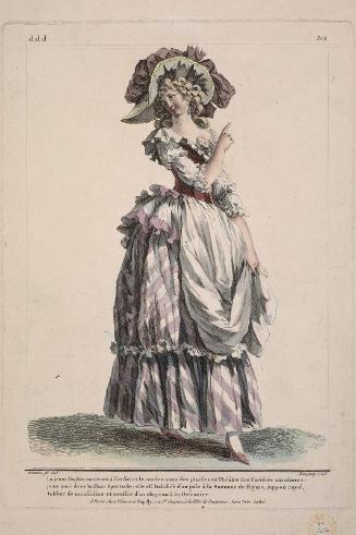 Gallerie des Modes et Costumes Français. 48e Cahier de Costumes Français, 42e Suite d'Habillemens à la mode en 1785.  ddd.302 "La jeune Sophie..."