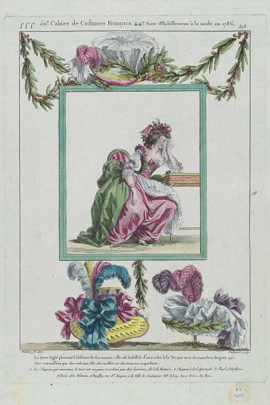 Gallerie des Modes et Costumes Français. 50e Cahier de Costumes Français, 44e Suite d'Habillemens à la mode en 1786.  fff.313 "La jeune Eglé pleurant l'absence..."