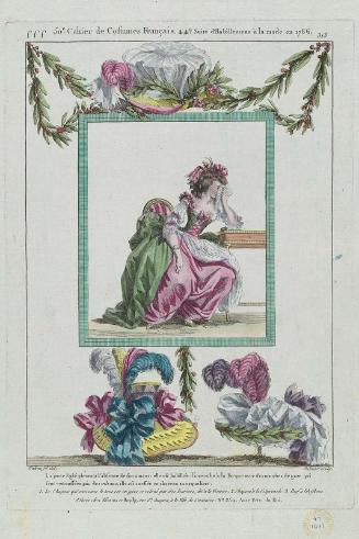 Gallerie des Modes et Costumes Français. 50e Cahier de Costumes Français, 44e Suite d'Habillemens à la mode en 1786.  fff.313 "La jeune Eglé pleurant l'absence..."