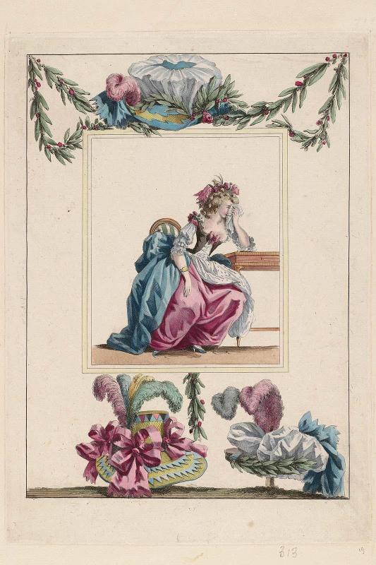 Gallerie des Modes et Costumes Français. 50e Cahier de Costumes Français, 44e Suite d'Habillemens à la mode en 1786.  fff.313  "La jeune Eglé pleurant l'absence..."  [Caption from 44.1647.]