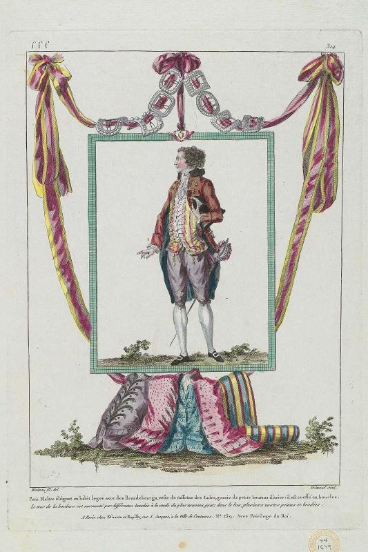 Gallerie des Modes et Costumes Français. 50e Cahier de Costumes Français, 44e Suite d'Habillemens à la mode en 1786.  fff.314 "Petit Mâitre élégant en habit..."