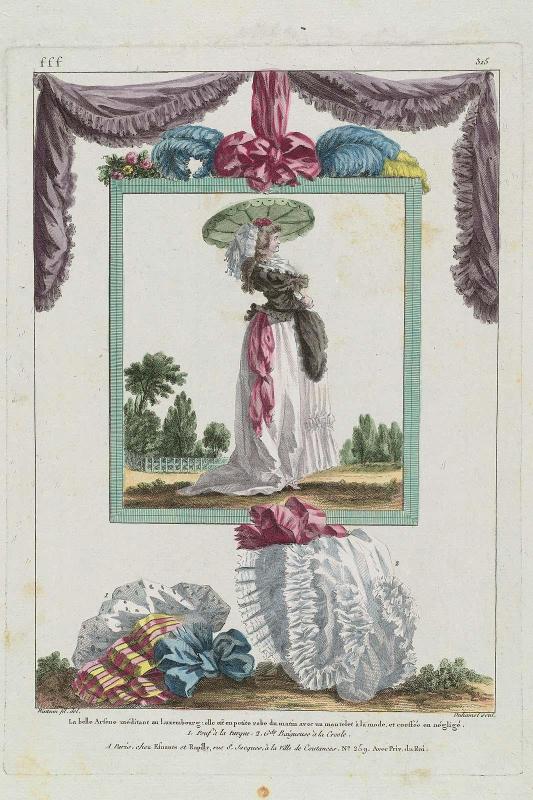 Gallerie des Modes et Costumes Français. 50e Cahier de Costumes Français, 44e Suite d'Habillemens à la mode en 1786.  fff.315 "La belle Arsene méditant au Luxembourg..."
