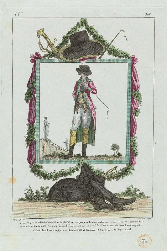 Gallerie des Modes et Costumes Français. 50e Cahier de Costumes Français, 44e Suite d'Habillemens à la mode en 1786.  fff.316 "Jeune Elégant du Palais Roïal ..."