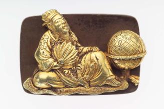 Kanamono in the form of a seated Chinese scholar with a globe, with backplate