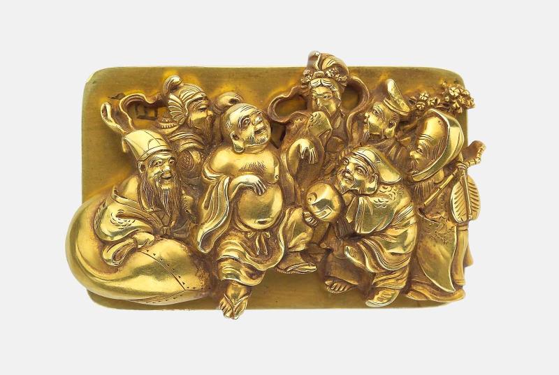 Kanamono in the form of the Seven Gods of Good Fortune, with backplate engraved with mandarin ducks
