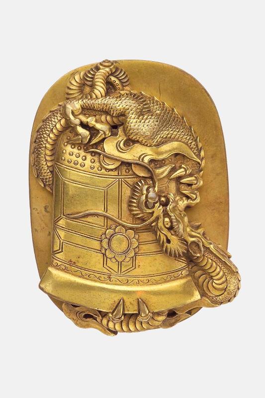 Kanamono in the form of a dragon and temple bell, with backplate