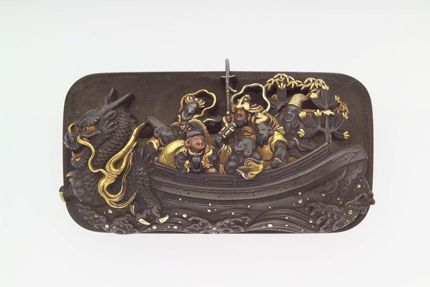 Kanamono in the form of the Seven Gods of Good Fortune in their Treasure Ship, with backplate engraved with their attributes