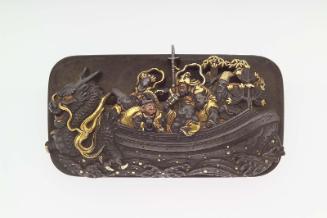 Kanamono in the form of the Seven Gods of Good Fortune in their Treasure Ship, with backplate engraved with their attributes