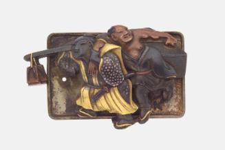 Kanamono in the form of a yakko carrying a traveling chest and a drunken samurai in deshabille