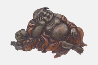 Kanamono in the form of Hotei sleeping with his elbow resting on a karako attendant
