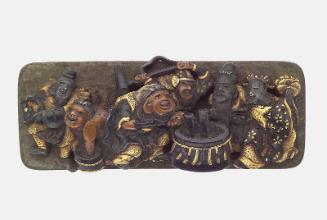 Kanamono in the form of six of the Seven Gods of Good Fortune pounding rice, with a back plate with design of a seventh god preparing a fire