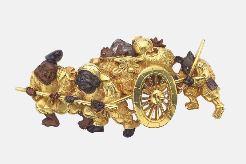 Kanamono in the form of Daikoku and Ebisu pulling a cart of treasures, with a rat attendant