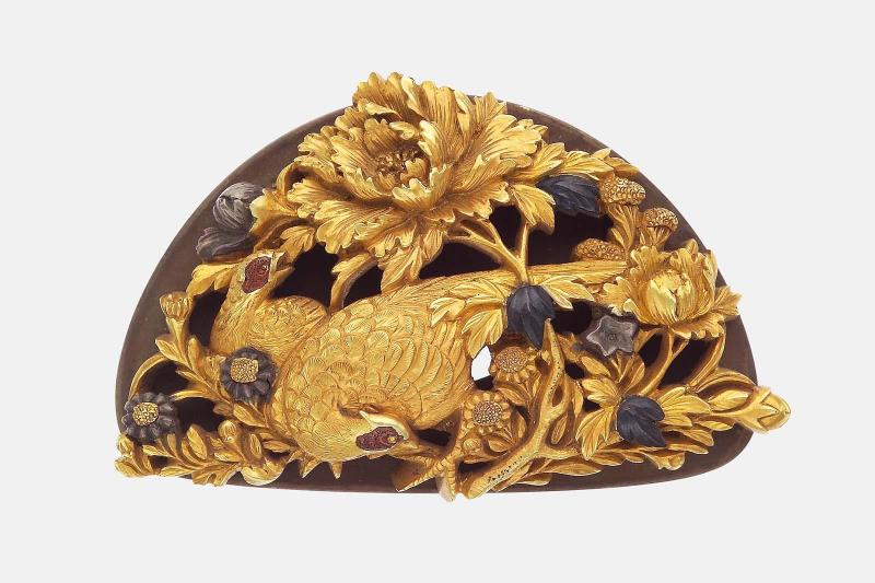 Kanamono in the form of a pair of pheasants, peony and daisies, with backplate
